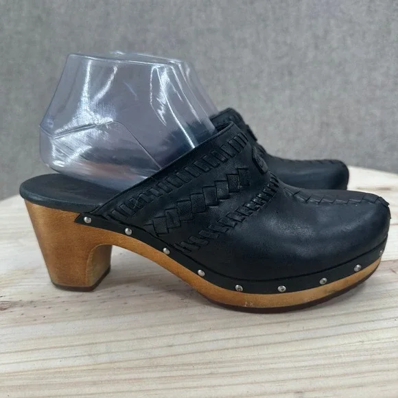 UGG Australia Black Leather Woven Whipstitch Wood Heel Studded Clogs Mules 8 - Picture 7 of 14